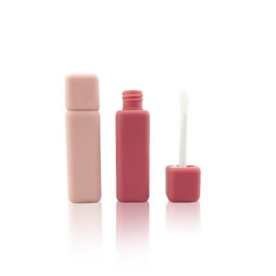 OEM Custom 5ml Empty Square lipgloss bottle, Pink plastic lipgloss tube with brush